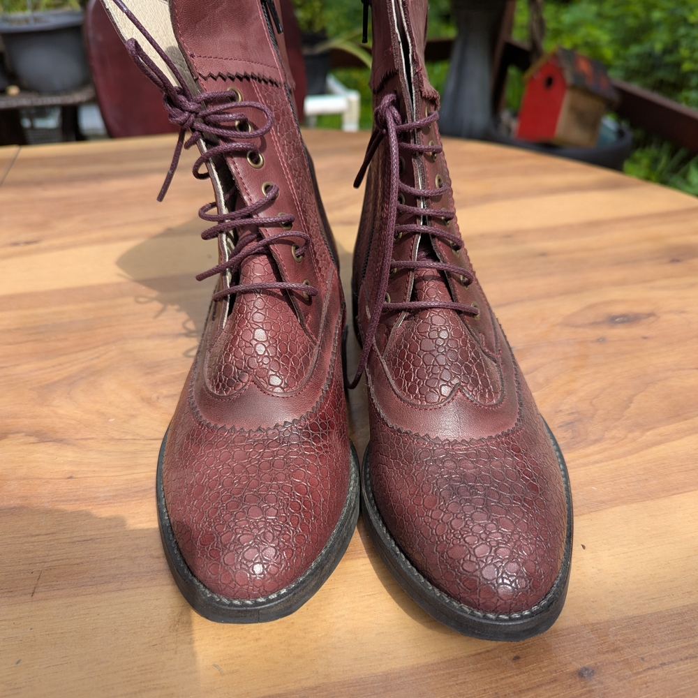 Burgundy Lace-Up Leather Boots